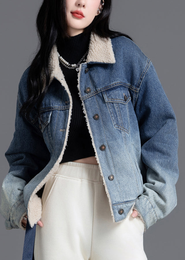 Art Gradient Blue Peter Pan Collar Fleece Wool Lined Denim Coats Winter