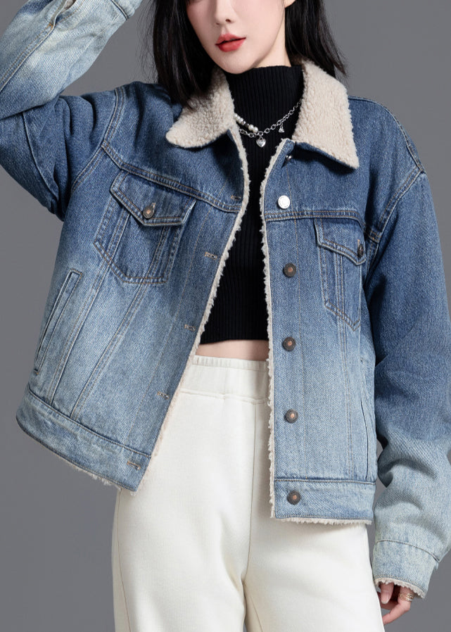 Art Gradient Blue Peter Pan Collar Fleece Wool Lined Denim Coats Winter