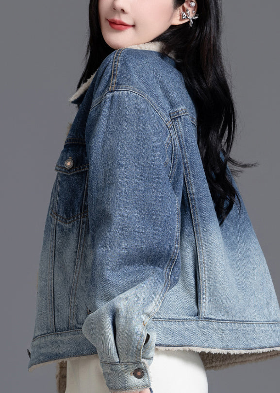 Art Gradient Blue Peter Pan Collar Fleece Wool Lined Denim Coats Winter