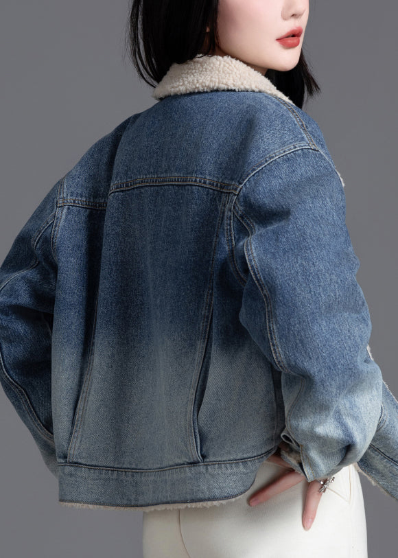 Art Gradient Blue Peter Pan Collar Fleece Wool Lined Denim Coats Winter