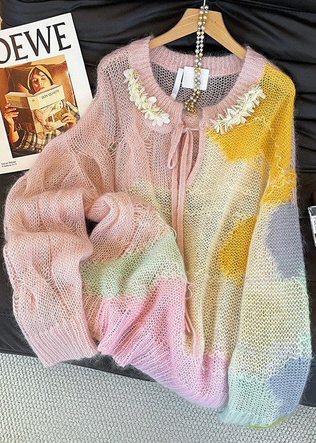 Art Gradient Color Lace Up Hollow Out Knit Top Fall