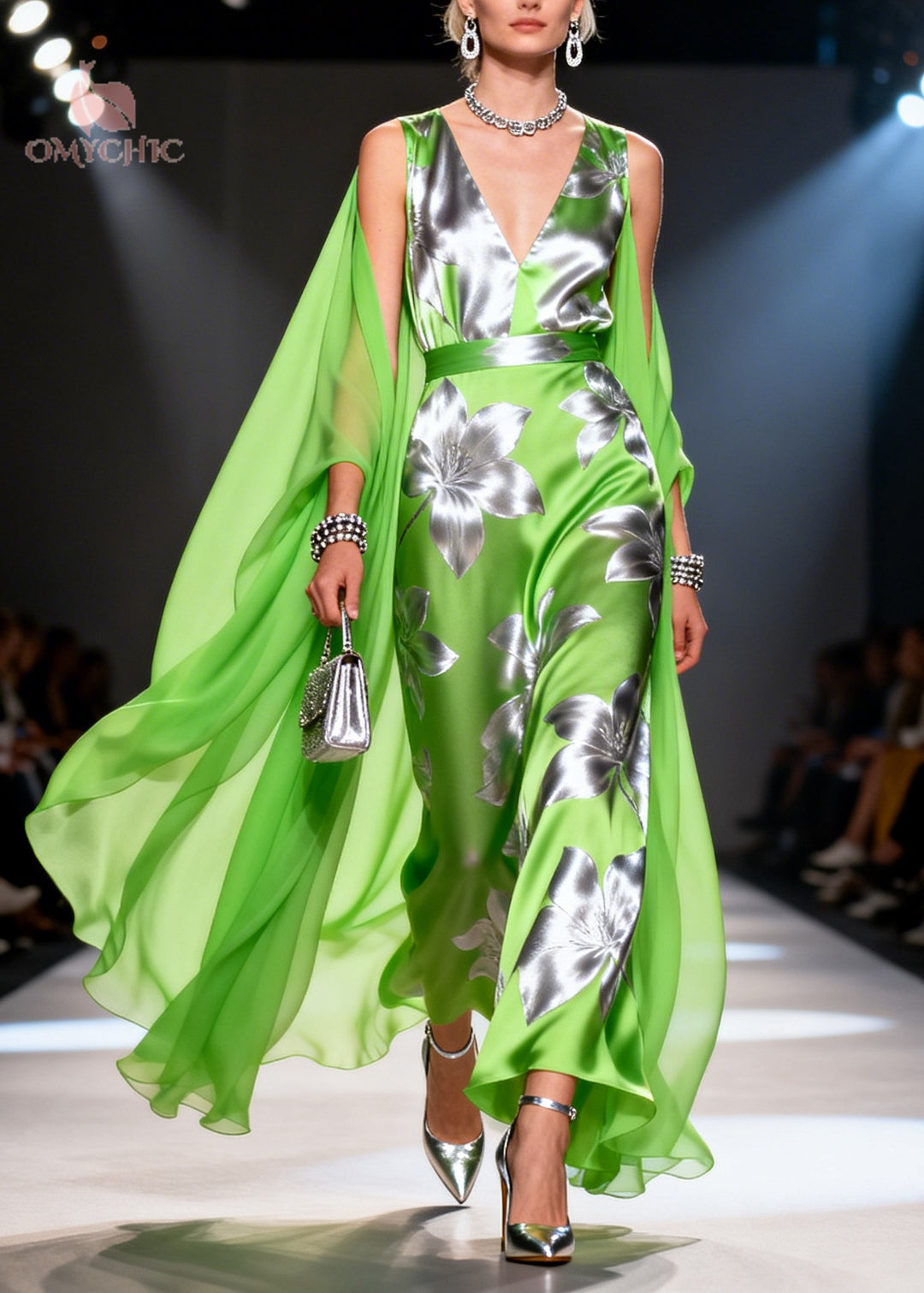 Art Grass Green Print Patchwork Chiffon Robe Dresses Summer