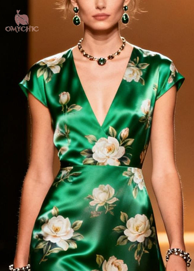 Art Grass Green V Neck Patchwork Flower Print Silk Party Dress Summer