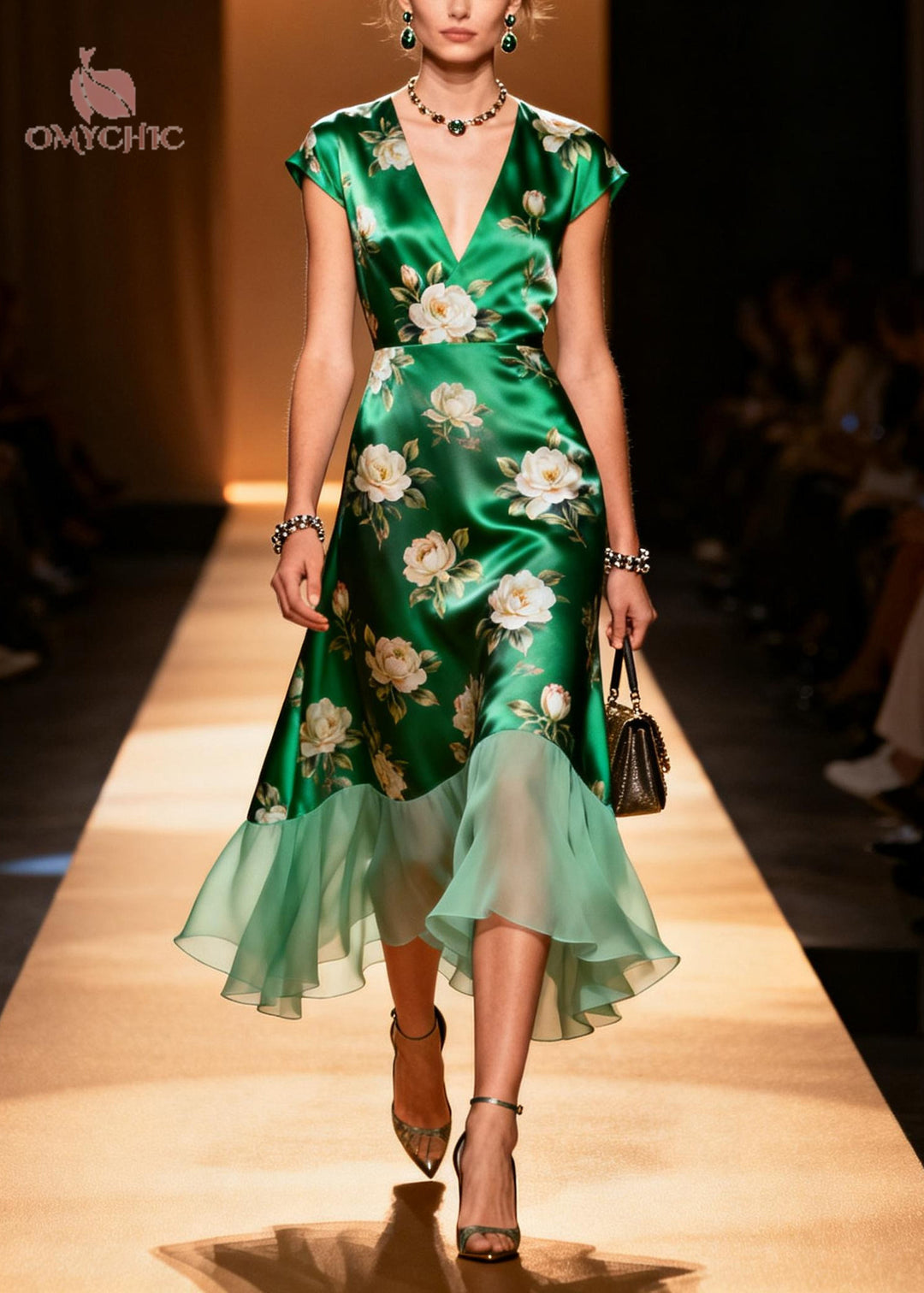 Art Grass Green V Neck Patchwork Flower Print Silk Party Dress Summer