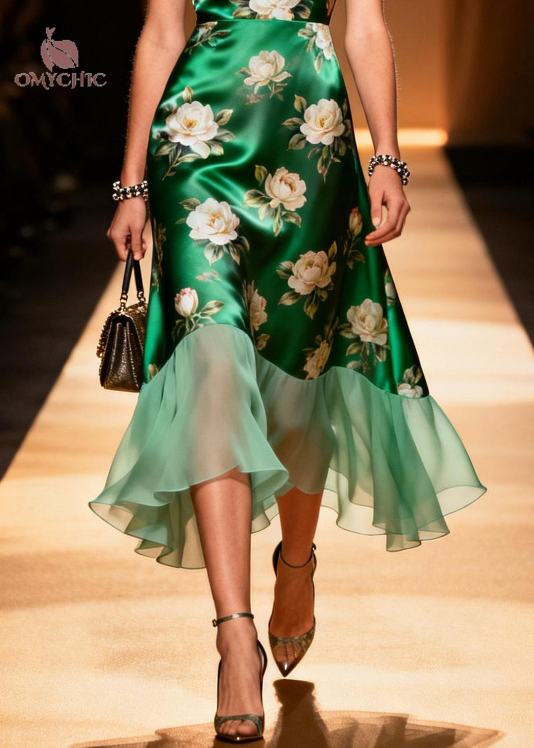 Art Grass Green V Neck Patchwork Flower Print Silk Party Dress Summer