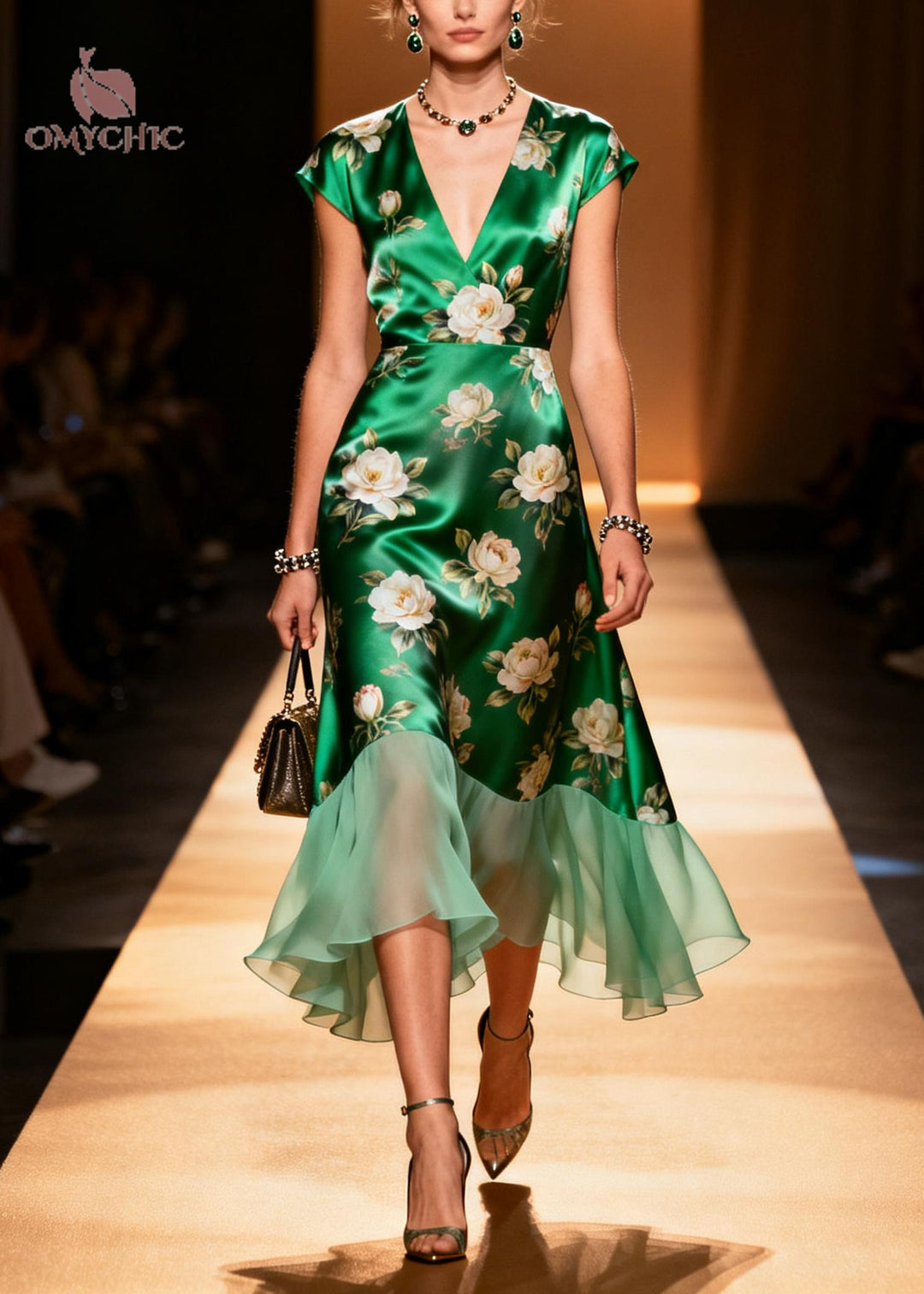 Art Grass Green V Neck Patchwork Flower Print Silk Party Dress Summer