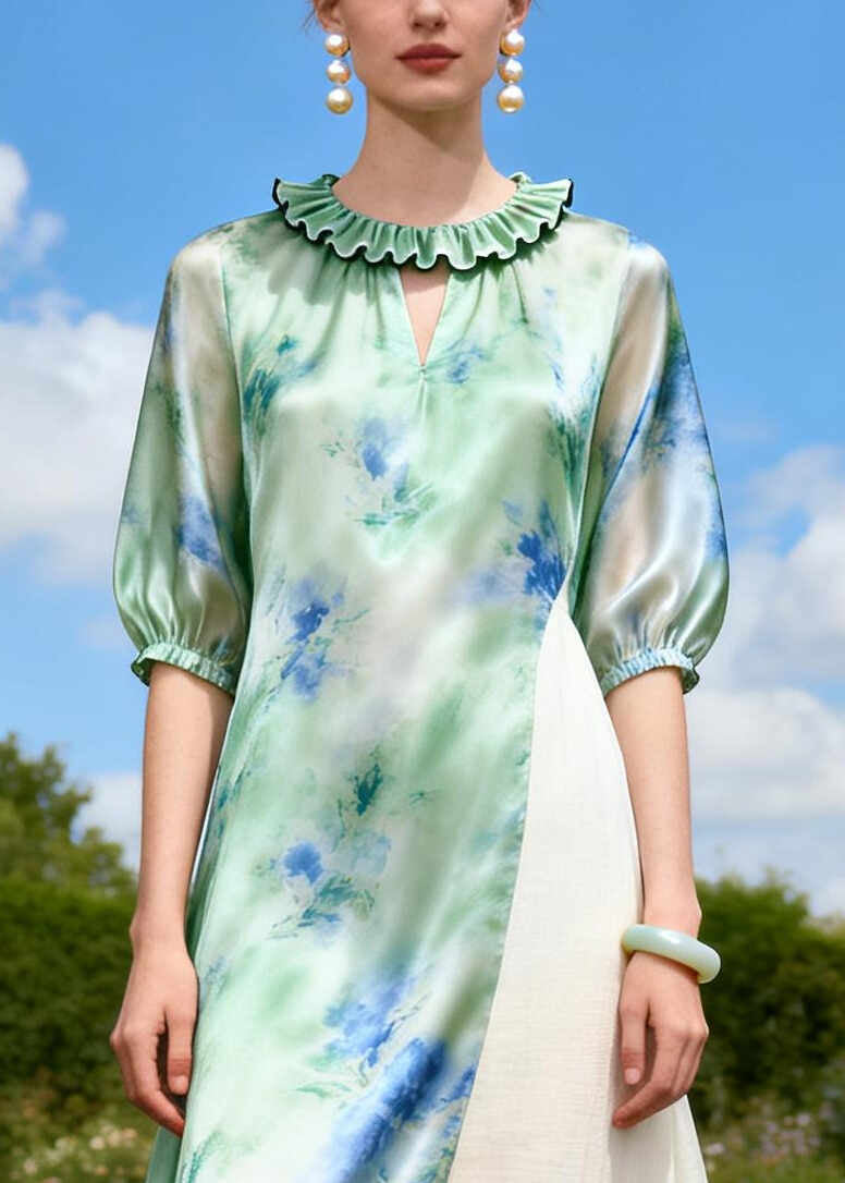 Art Green Asymmetrical Patchwork Silk Long Dress Summer