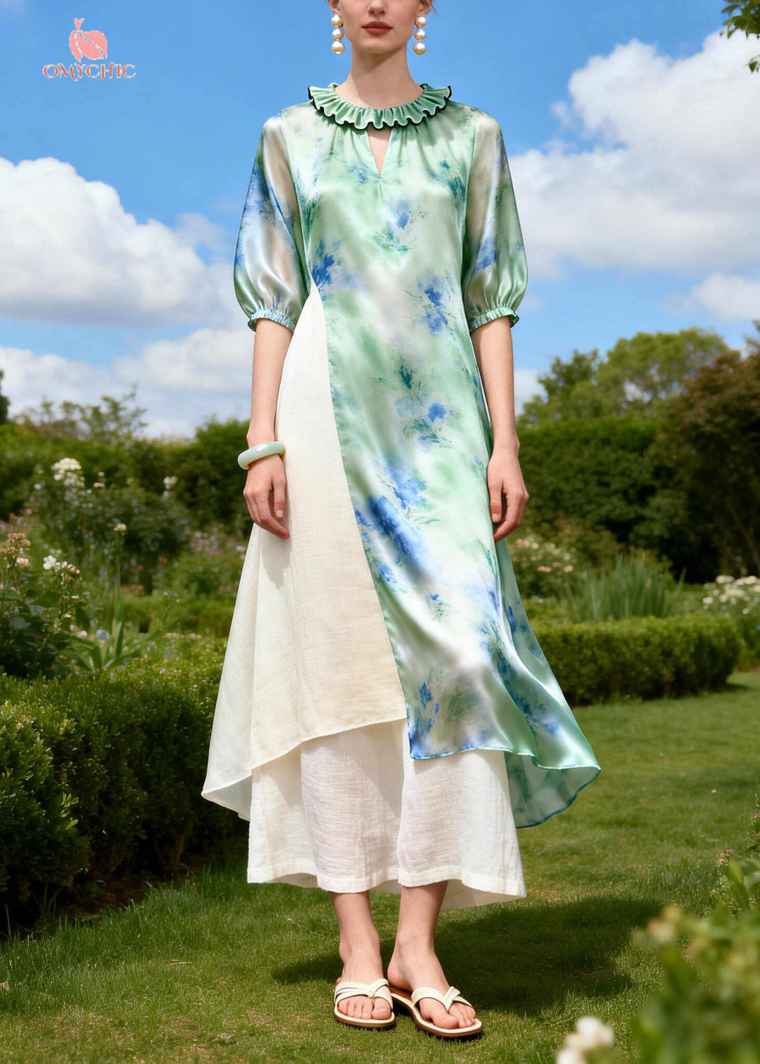 Art Green Asymmetrical Patchwork Silk Long Dress Summer