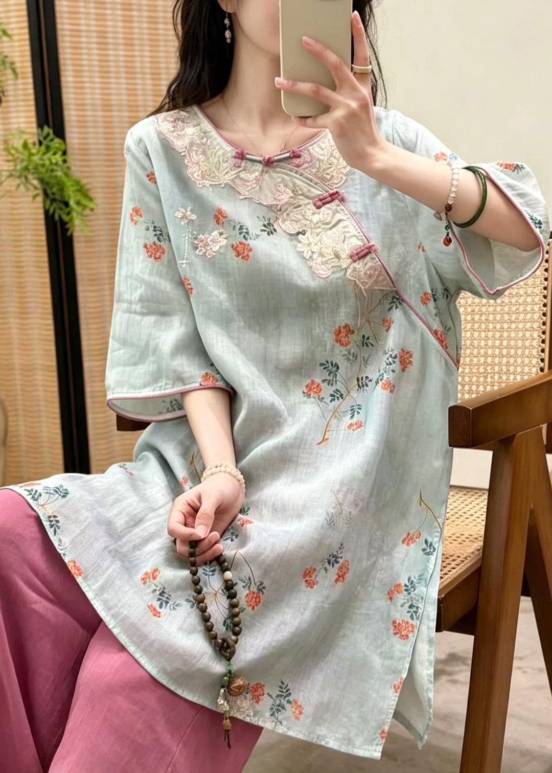 Art Green Embroidered Chinese Button Linen Oriental Dress Summer