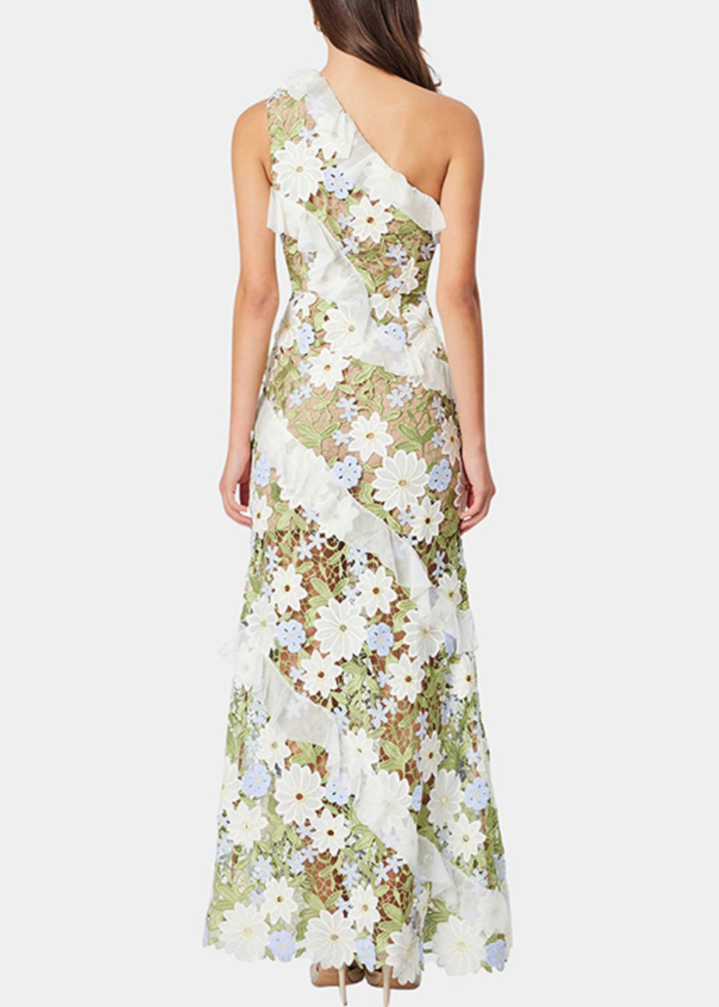 Art Green Embroidered Floral Ruffled Long Dresses Sleeveless