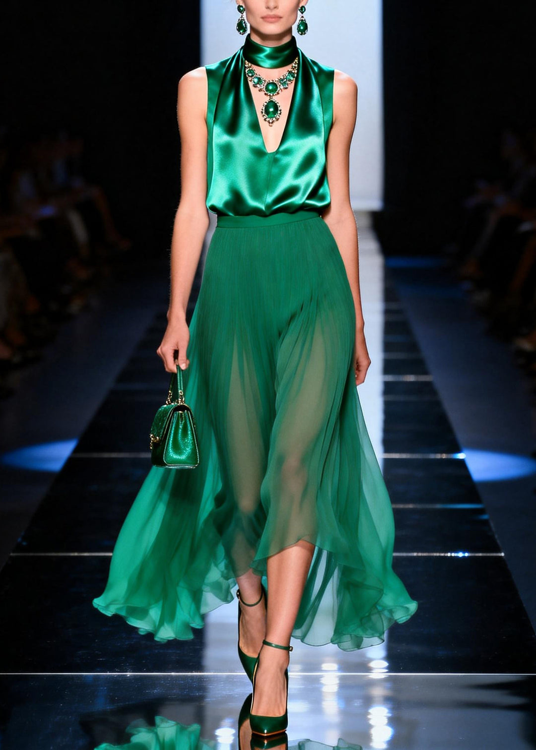 Art Green Exra Large Hem Draping Silk Tops And Chiffon Skirt Two Piece Set Summer