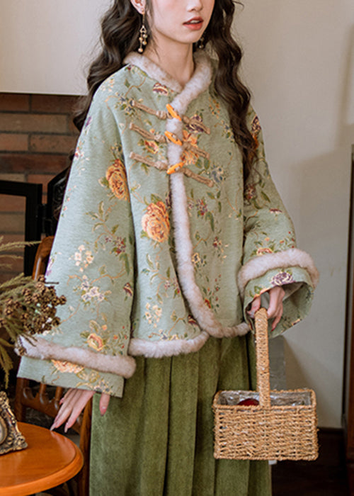 Art Green Fur Collar Button Patchwork Warm Fleece Parka