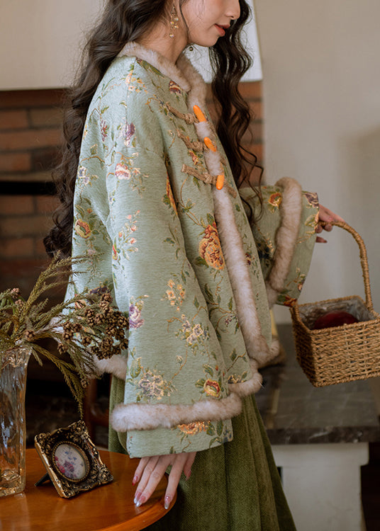 Art Green Fur Collar Button Patchwork Warm Fleece Parka