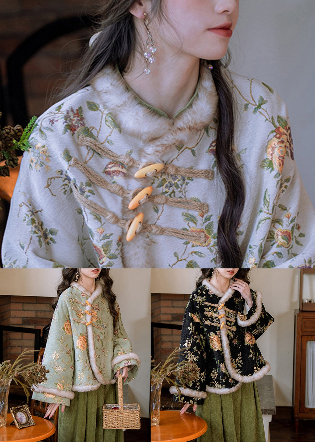 Art Green Fur Collar Button Patchwork Warm Fleece Parka