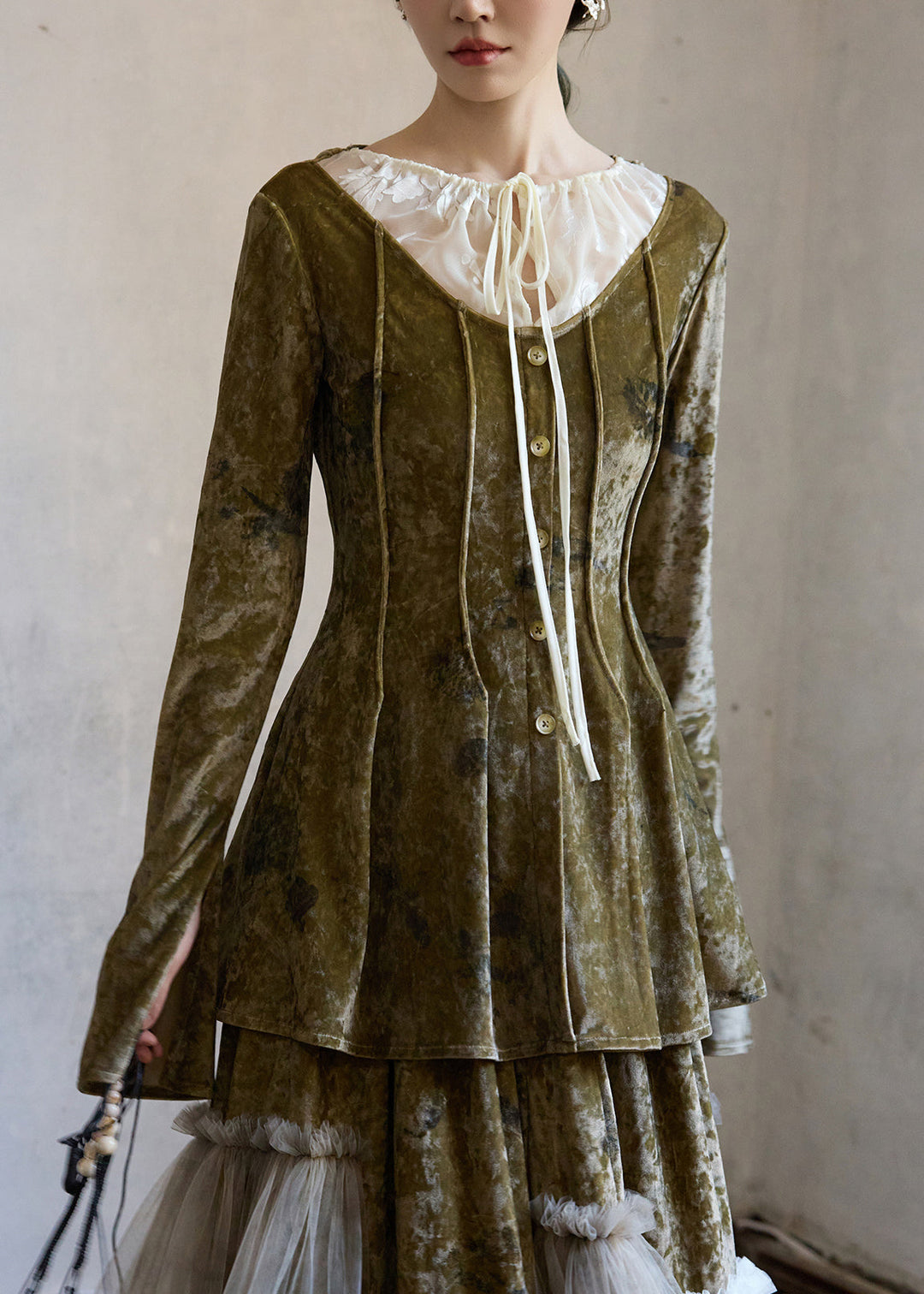 Art Green Lace Up Button Patchwork Silk Velour Top Winter