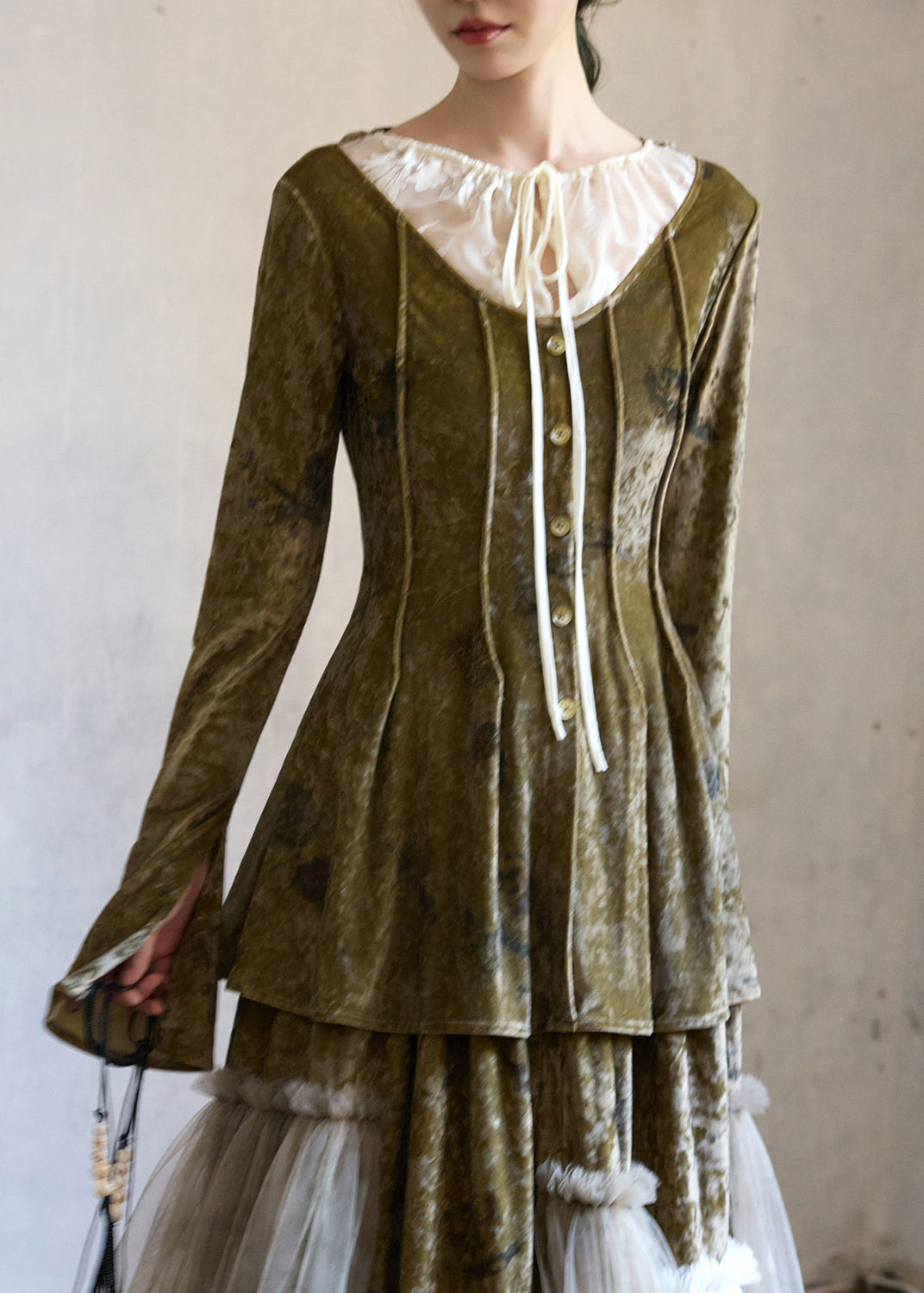 Art Green Lace Up Button Patchwork Silk Velour Top Winter