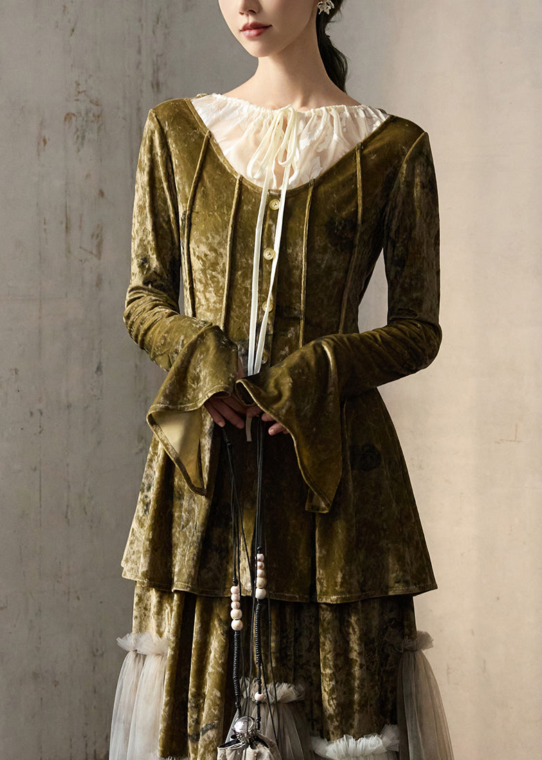 Art Green Lace Up Button Patchwork Silk Velour Top Winter