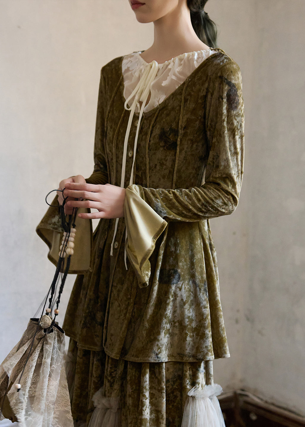 Art Green Lace Up Button Patchwork Silk Velour Top Winter