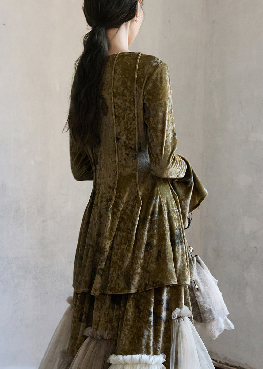 Art Green Lace Up Button Patchwork Silk Velour Top Winter