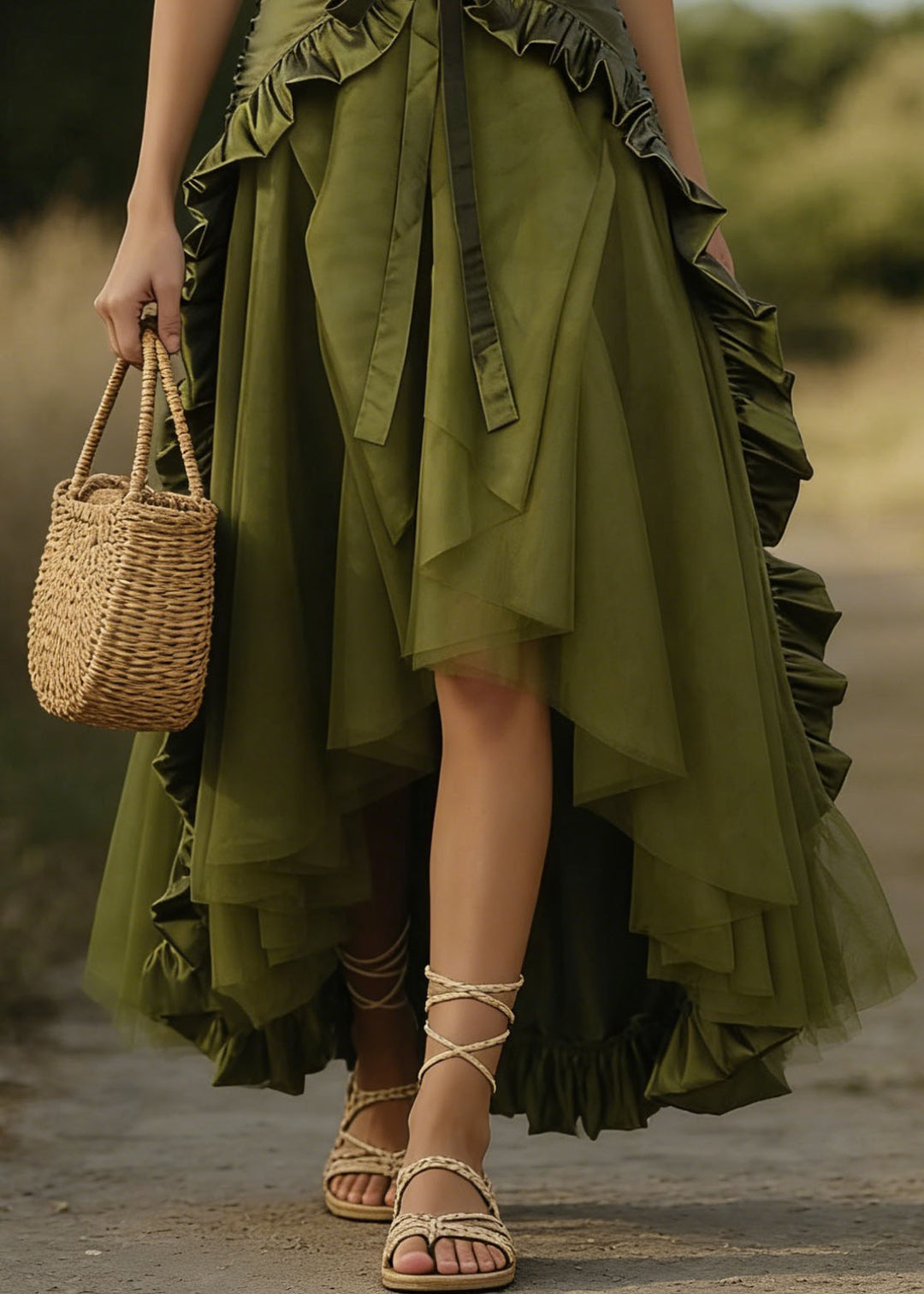 Art Green Lace Up Ruffled Patchwork Tulle Skirts Spring - Omychic