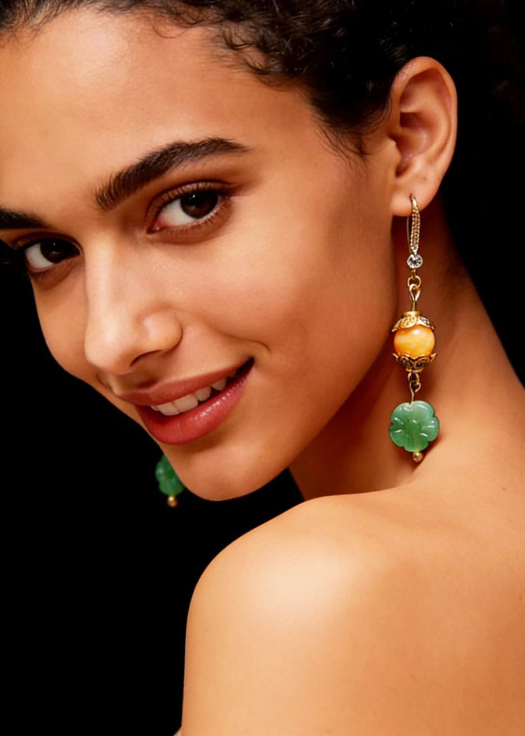 Art Green Lotus Flower Jade Connect Beeswax Drop Earrings