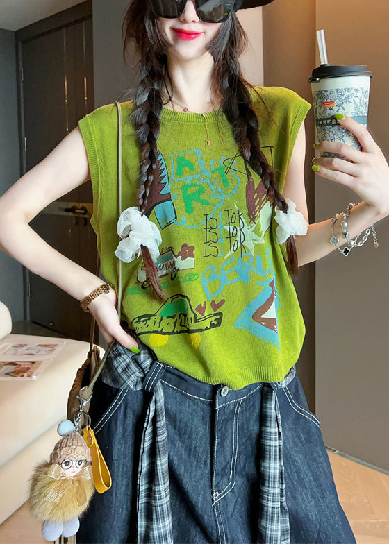 Art Green O Neck Print Cotton Tank Sleeveless