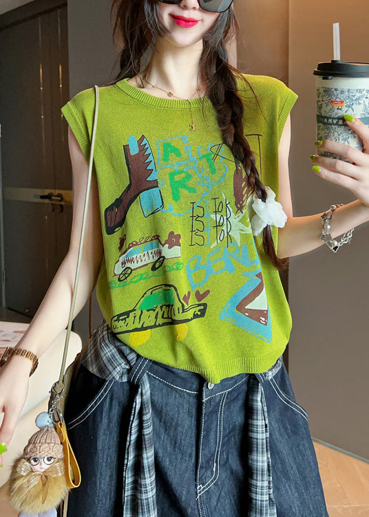 Art Green O Neck Print Cotton Tank Sleeveless