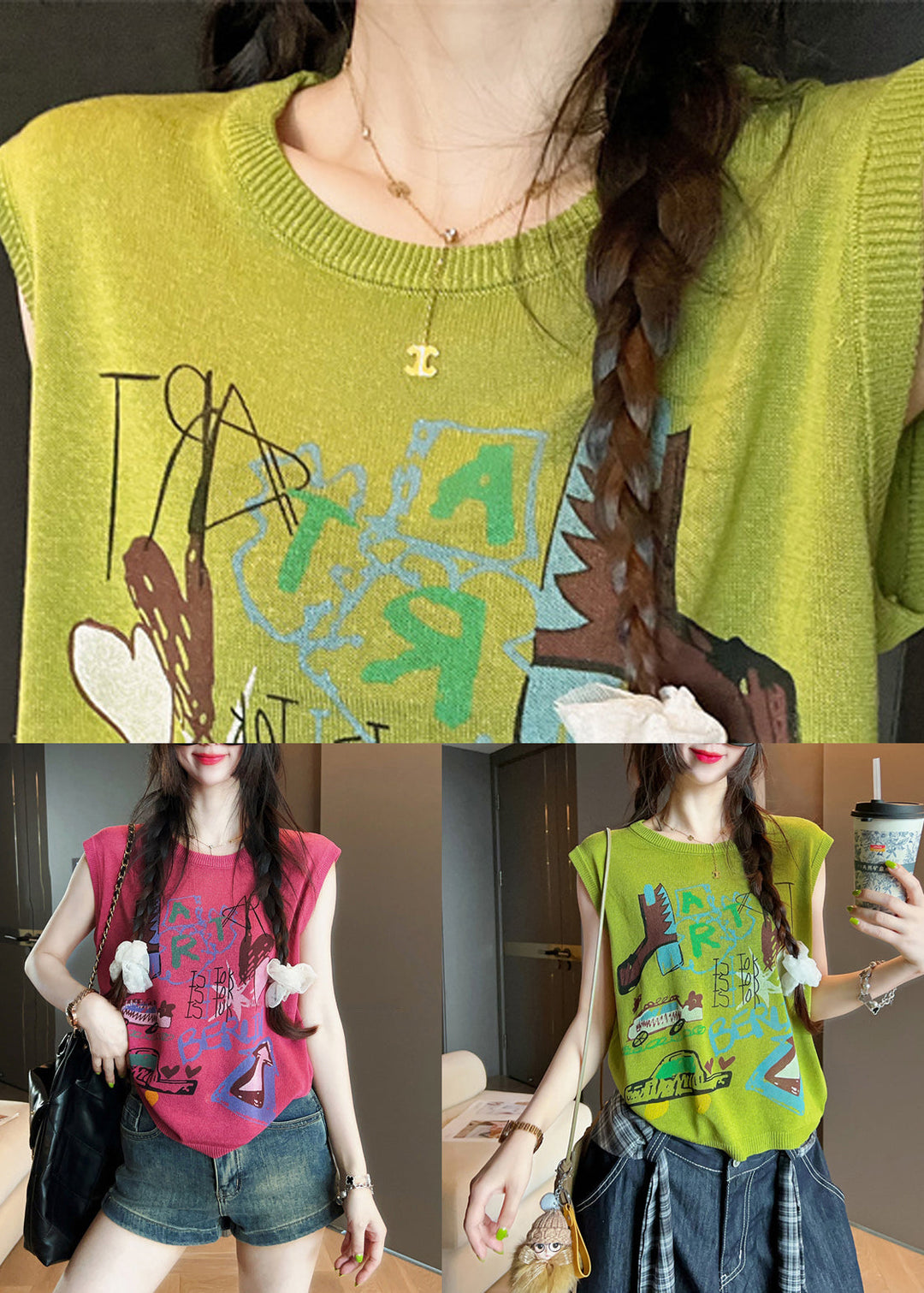 Art Green O Neck Print Cotton Tank Sleeveless