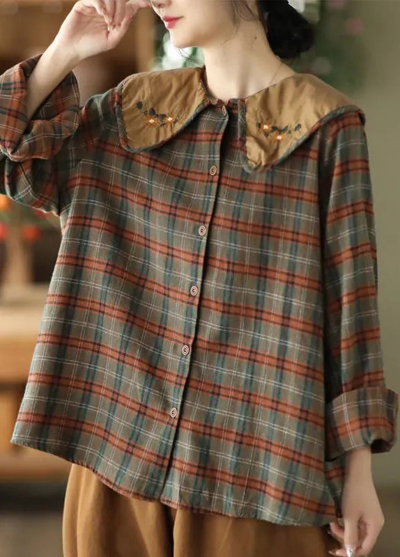 Art Green Plaid Embroidered Cotton Blouses Spring