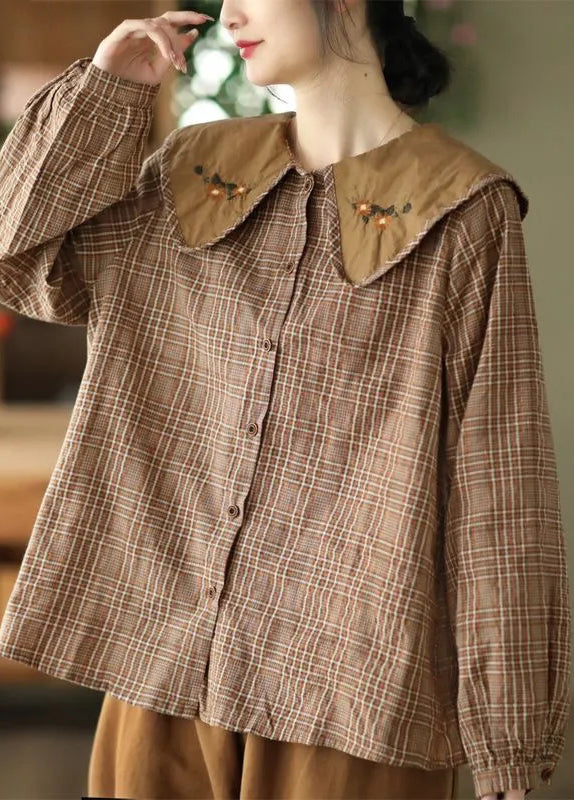 Art Green Plaid Embroidered Cotton Blouses Spring