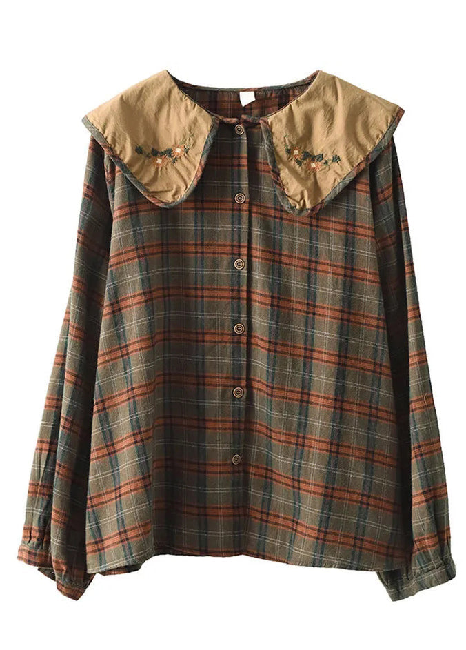 Art Green Plaid Embroidered Cotton Blouses Spring