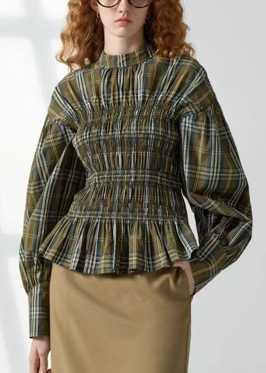 Art Green Plaid Wrinkled Cotton Shirt Spring