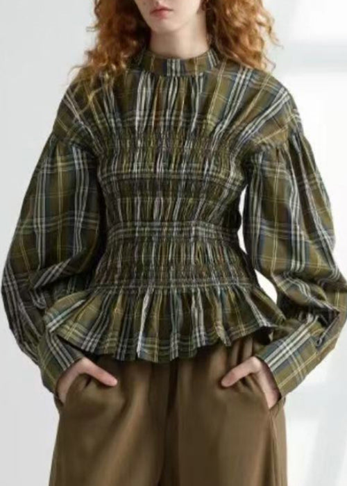 Art Green Plaid Wrinkled Cotton Shirt Spring