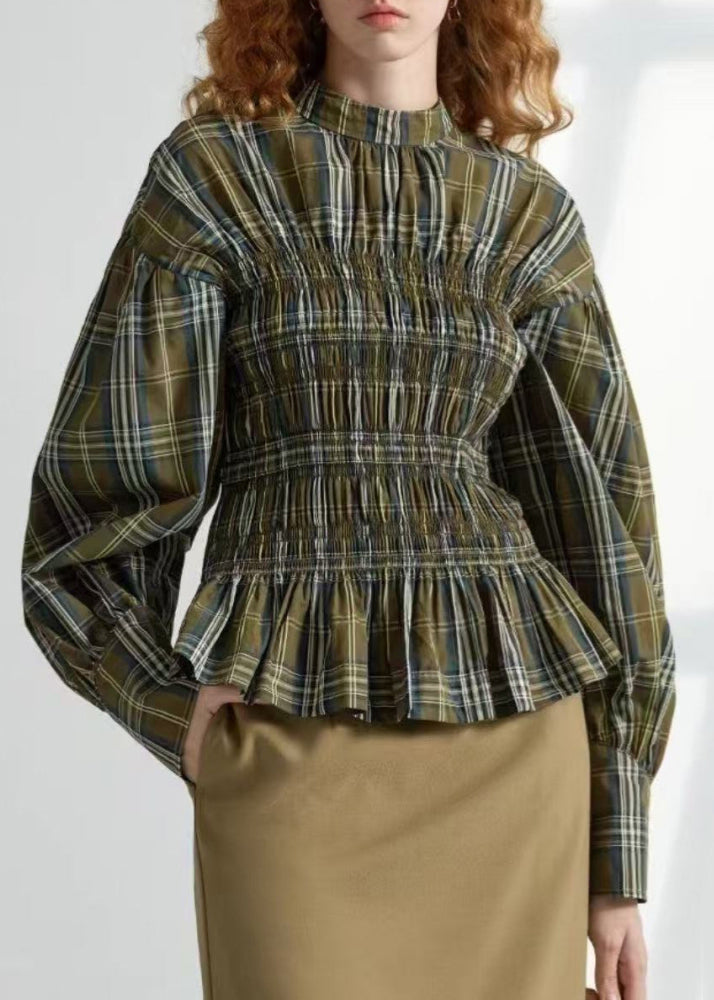 Art Green Plaid Wrinkled Cotton Shirt Spring