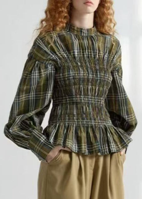 Art Green Plaid Wrinkled Cotton Shirt Spring