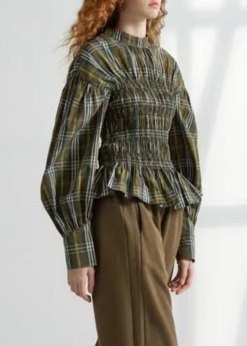 Art Green Plaid Wrinkled Cotton Shirt Spring