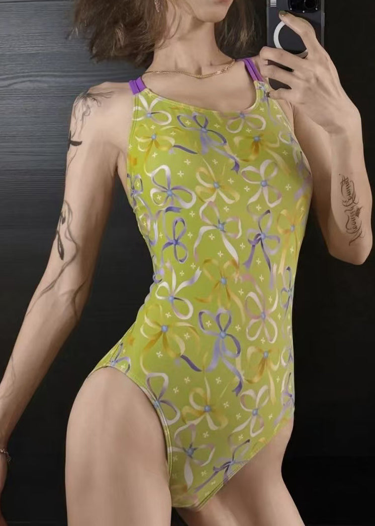 Art Green Print Backless Cross Strap Teddy Swimwear Bodysuit