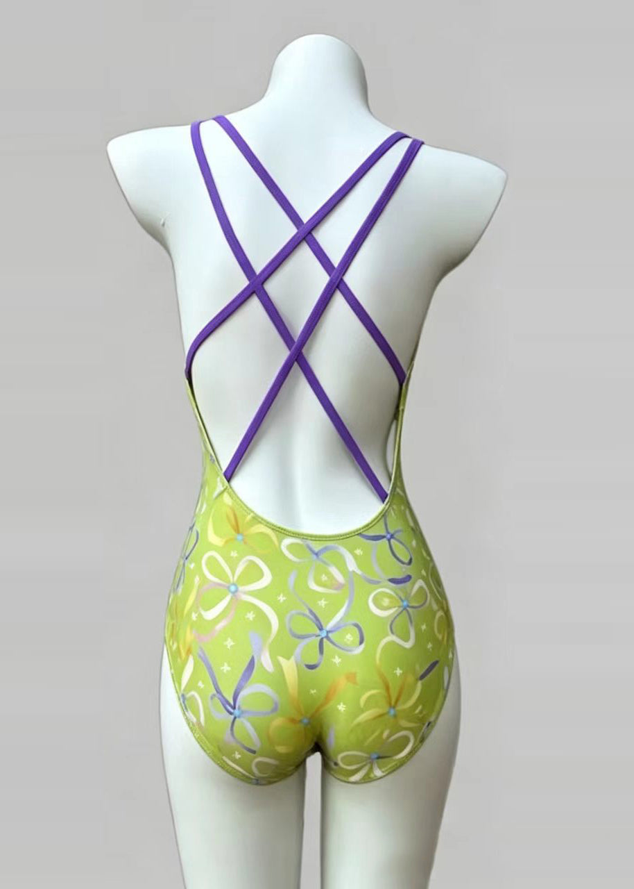 Art Green Print Backless Cross Strap Teddy Swimwear Bodysuit