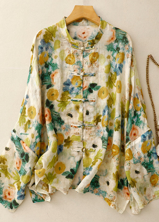 Art Green Print Chinese Button Linen Shirts Spring - Omychic