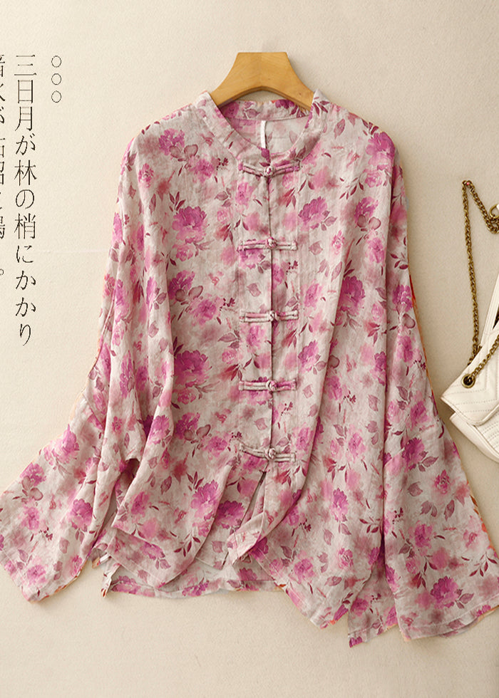 Art Green Print Chinese Button Linen Shirts Spring - Omychic
