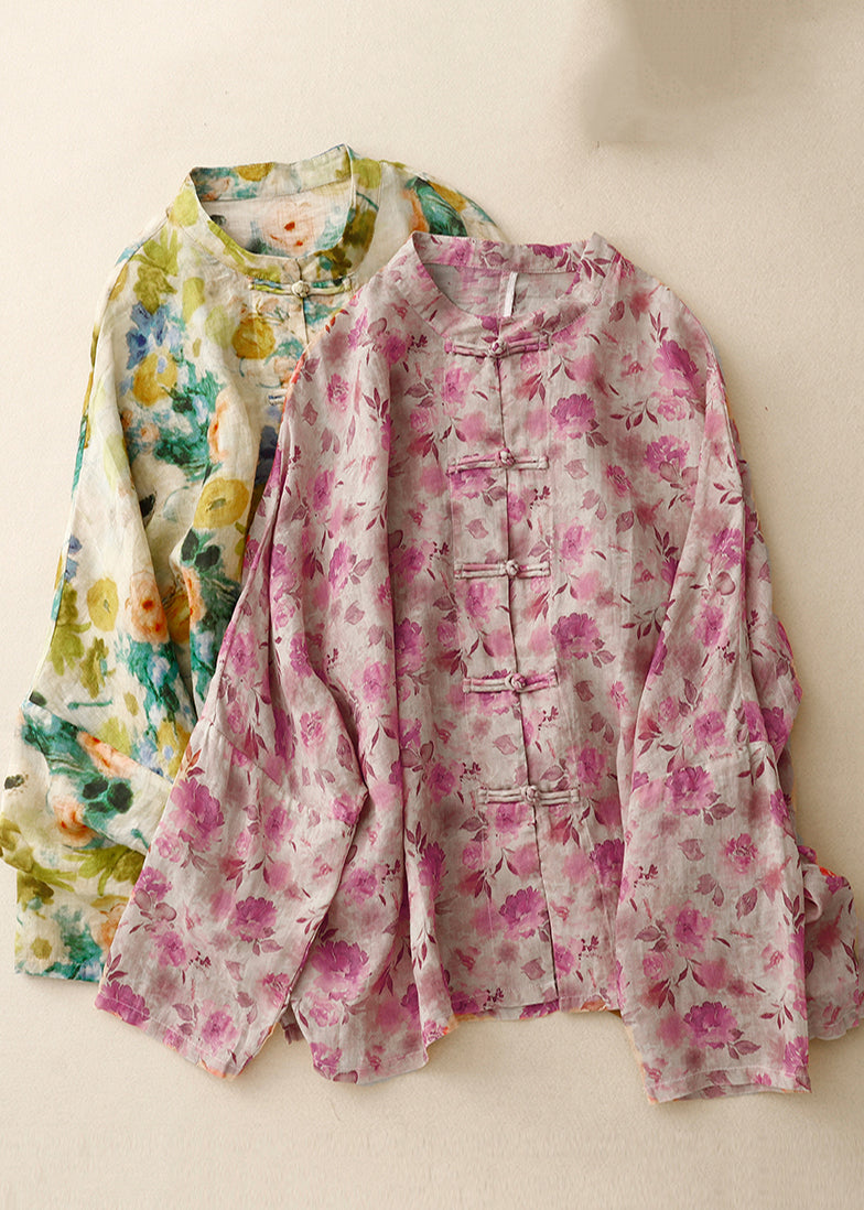 Art Green Print Chinese Button Linen Shirts Spring - Omychic