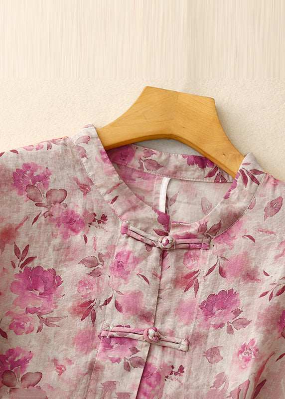 Art Green Print Chinese Button Linen Shirts Spring