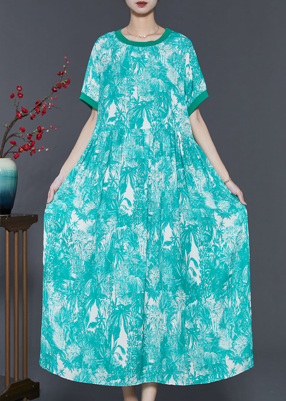 Art Green Print Exra Large Hem Chiffon Dress Summer
