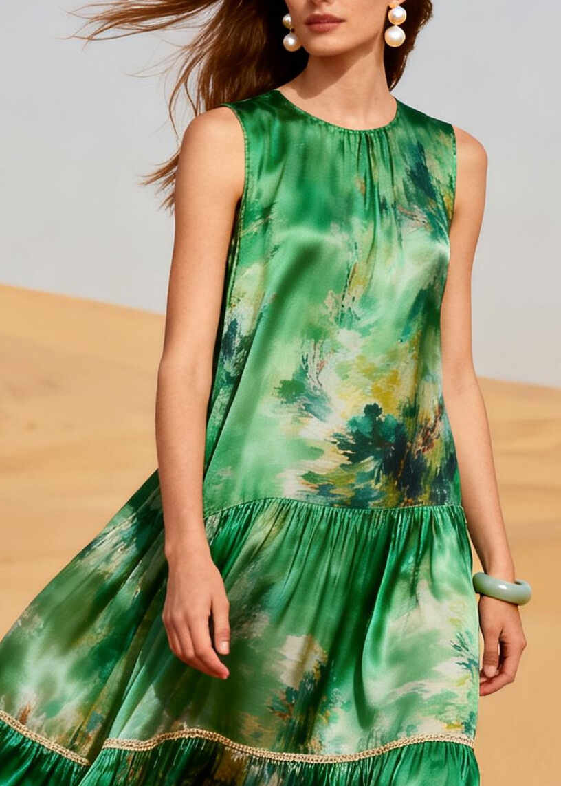 Art Green Print Patchwork Exra Large Hem Silk Long Dress Summer