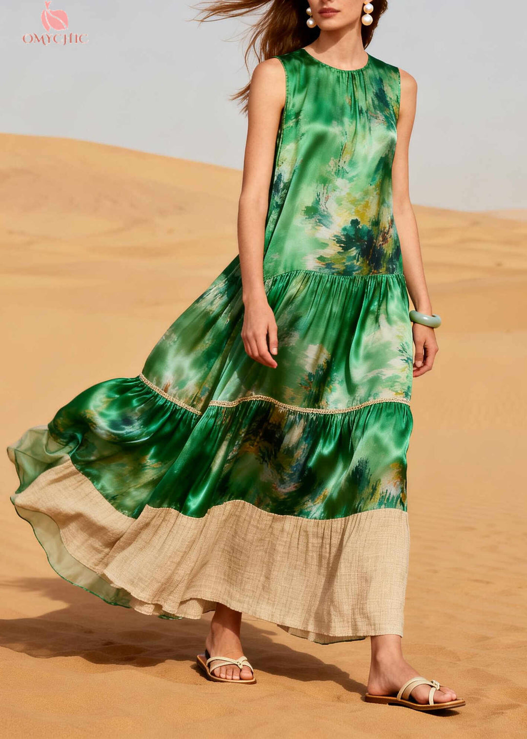 Art Green Print Patchwork Exra Large Hem Silk Long Dress Summer