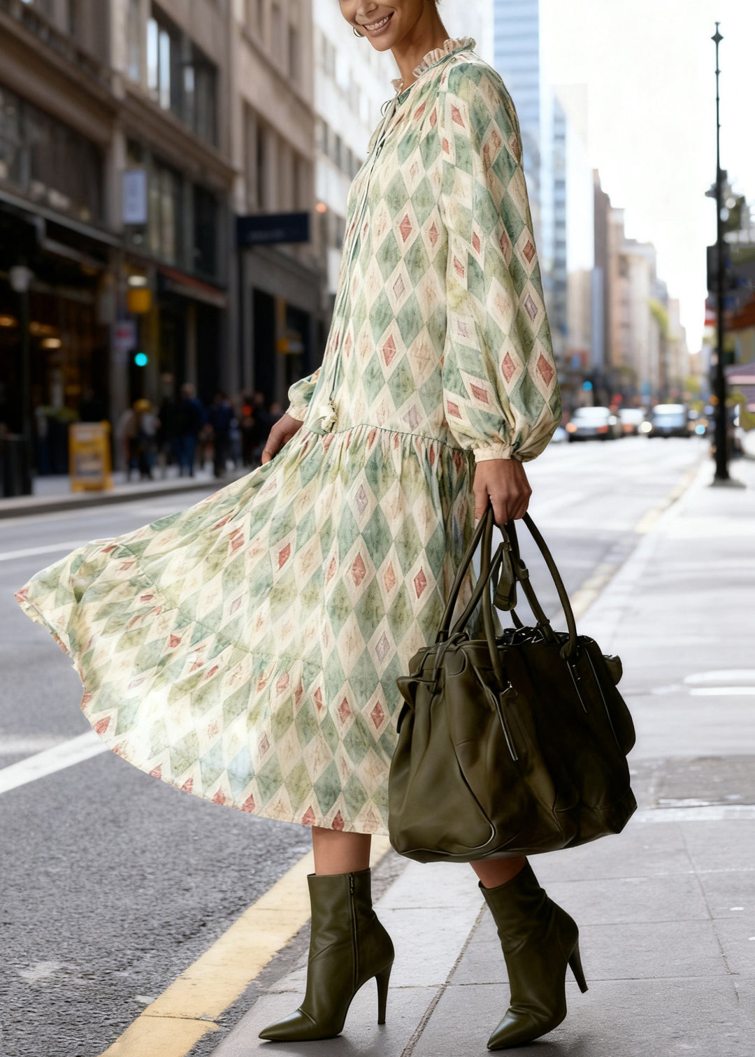 Art Green Ruffled Geometricn Lace Up Long Dress Spring