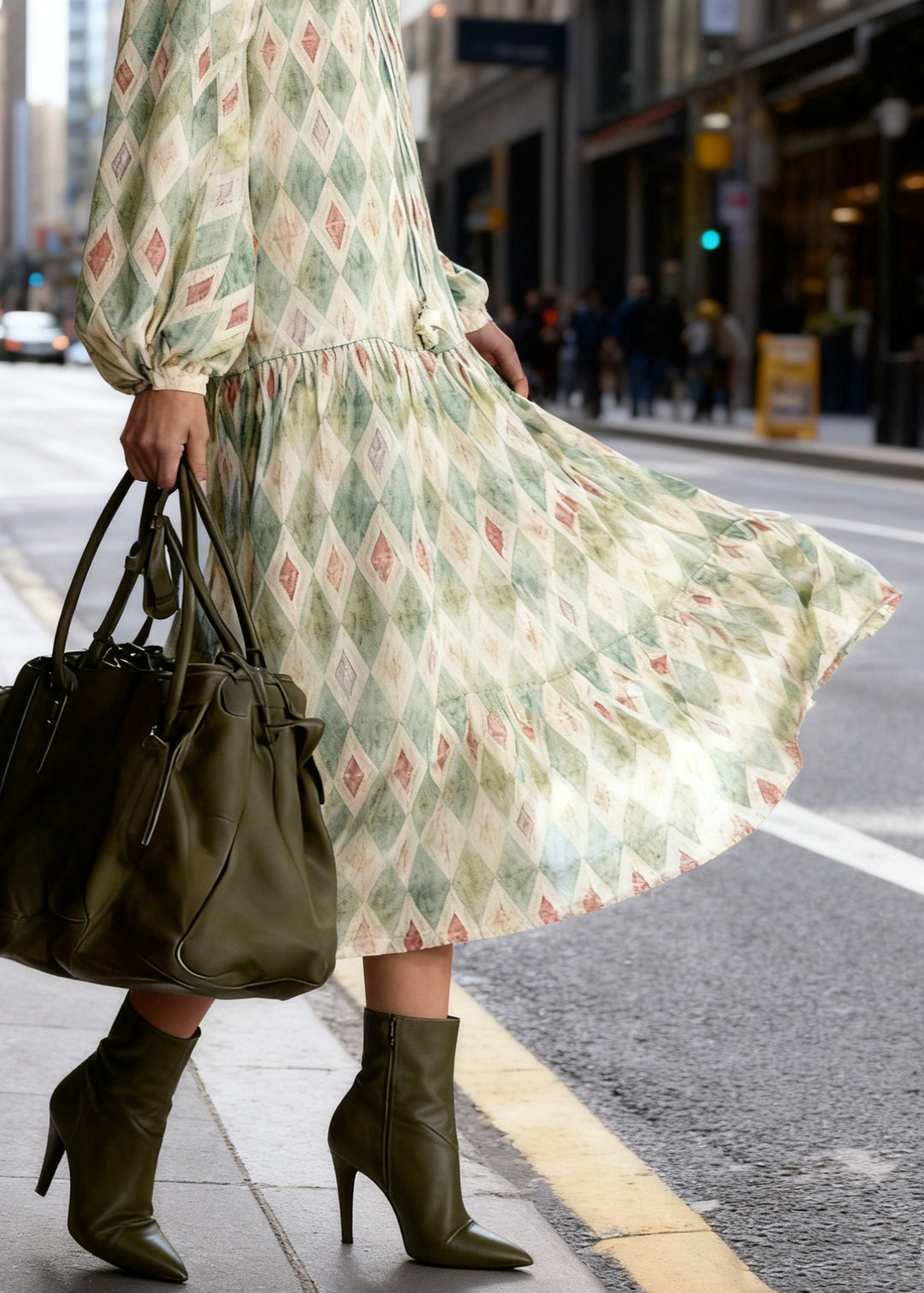 Art Green Ruffled Geometricn Lace Up Long Dress Spring