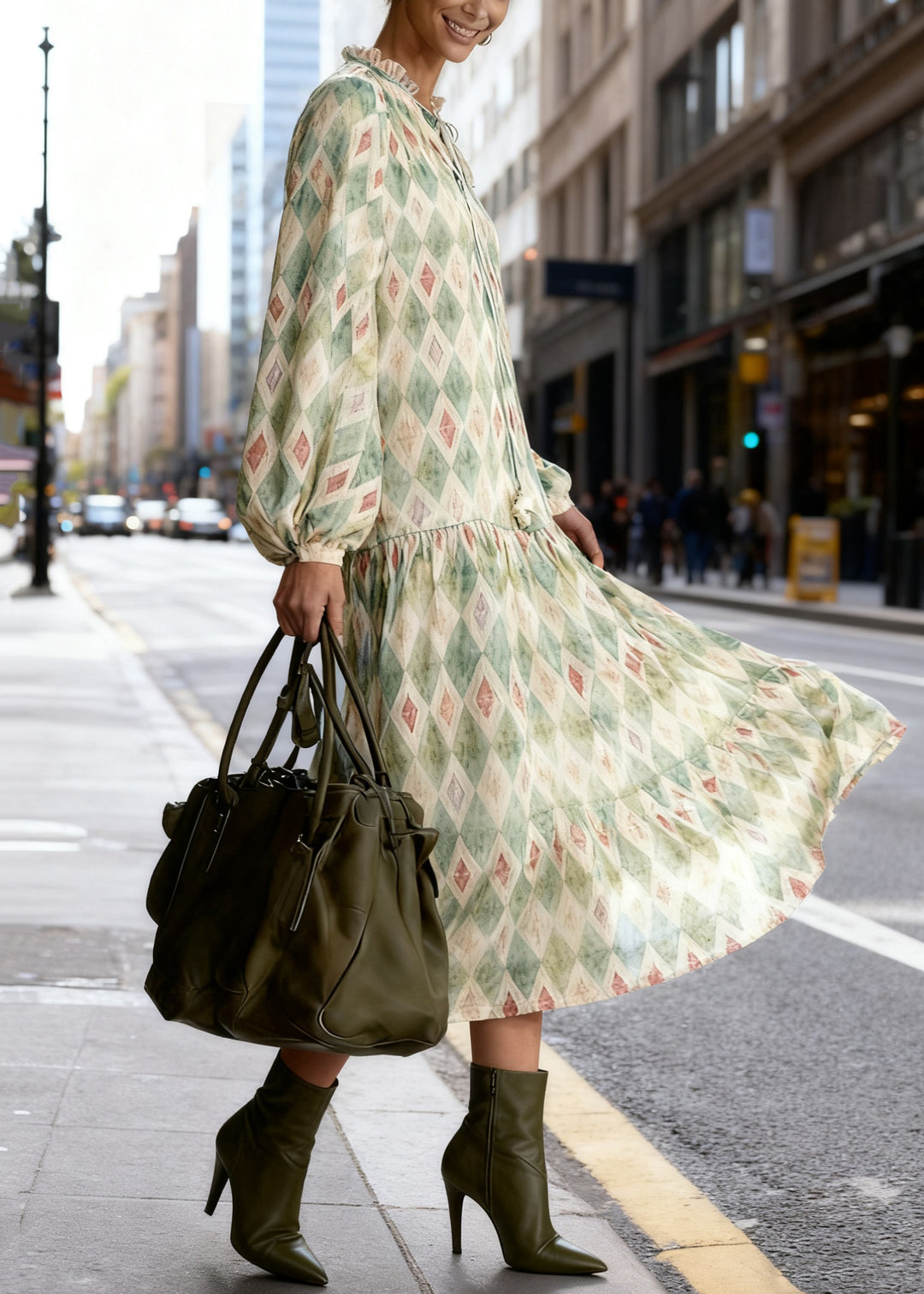 Art Green Ruffled Geometricn Lace Up Long Dress Spring