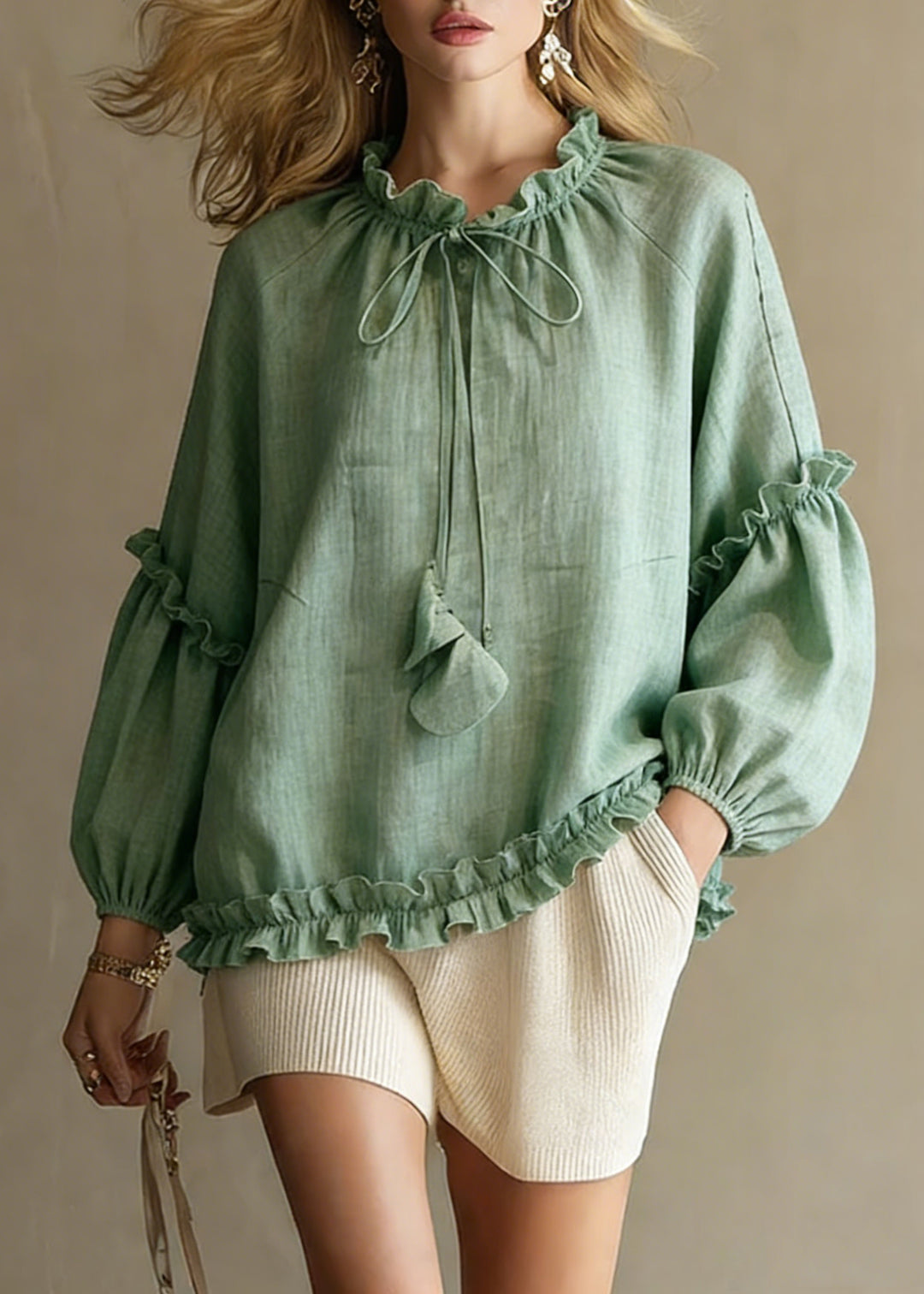 Art Green Ruffled Lace Up Cotton Shirts Spring - Omychic