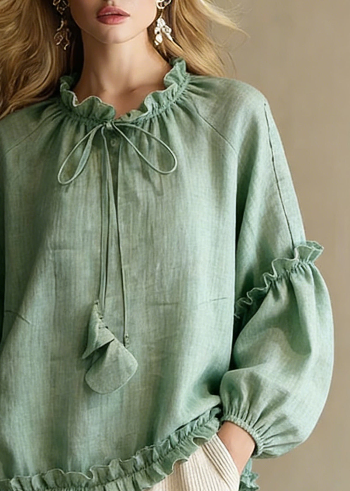 Art Green Ruffled Lace Up Cotton Shirts Spring - Omychic